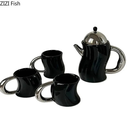 Bending design ceramic coffee mug and teapot set black & silver dining