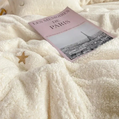 Berber fleece star embroidery bedding set cream white bedroom plush