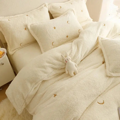 Berber fleece star embroidery bedding set cream white bedroom plush