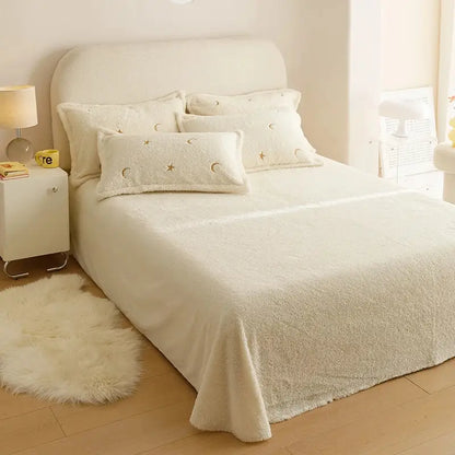Berber fleece star embroidery bedding set cream white bedroom plush