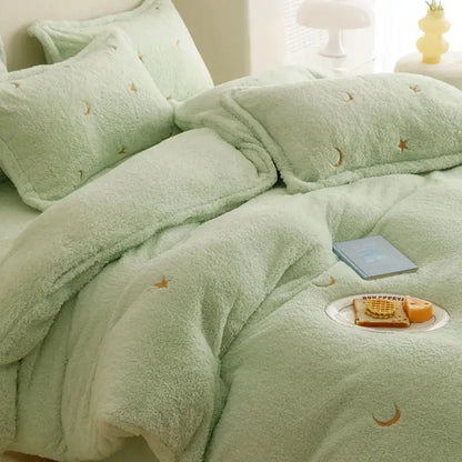Berber fleece star embroidery bedding set cream white bedroom plush