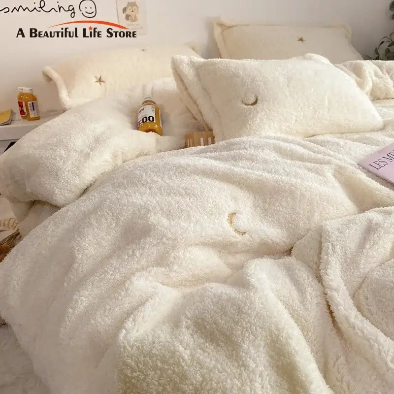 Berber fleece star embroidery bedding set cream white bedroom plush