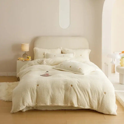 Berber fleece star embroidery bedding set cream white bedroom plush