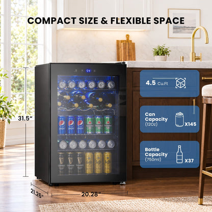Beverage Refrigerator Cooler 4.5 Cu.Ft,145 Can Mini Fridge with Glass Door W58128BH