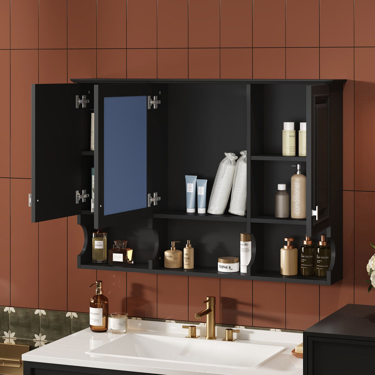 Modern Wall Mounted Mirror Medicine Cabinet With Open Shelves, Adjustable Interior, Storage Over Toilet
