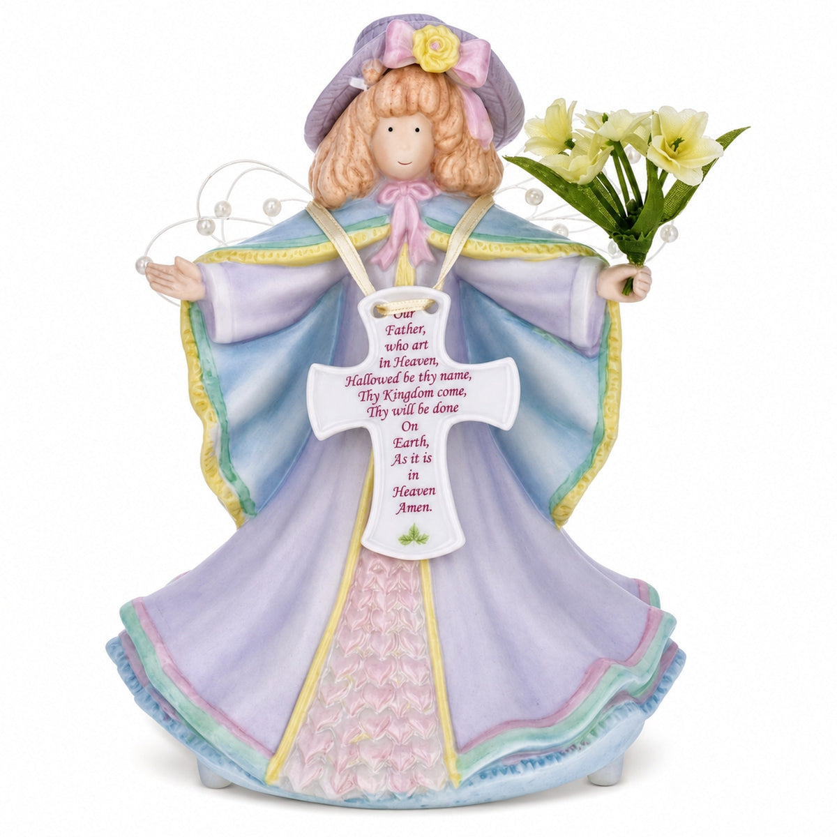 Angel with Cross Porcelain Musical Figurine 6.5 Inches