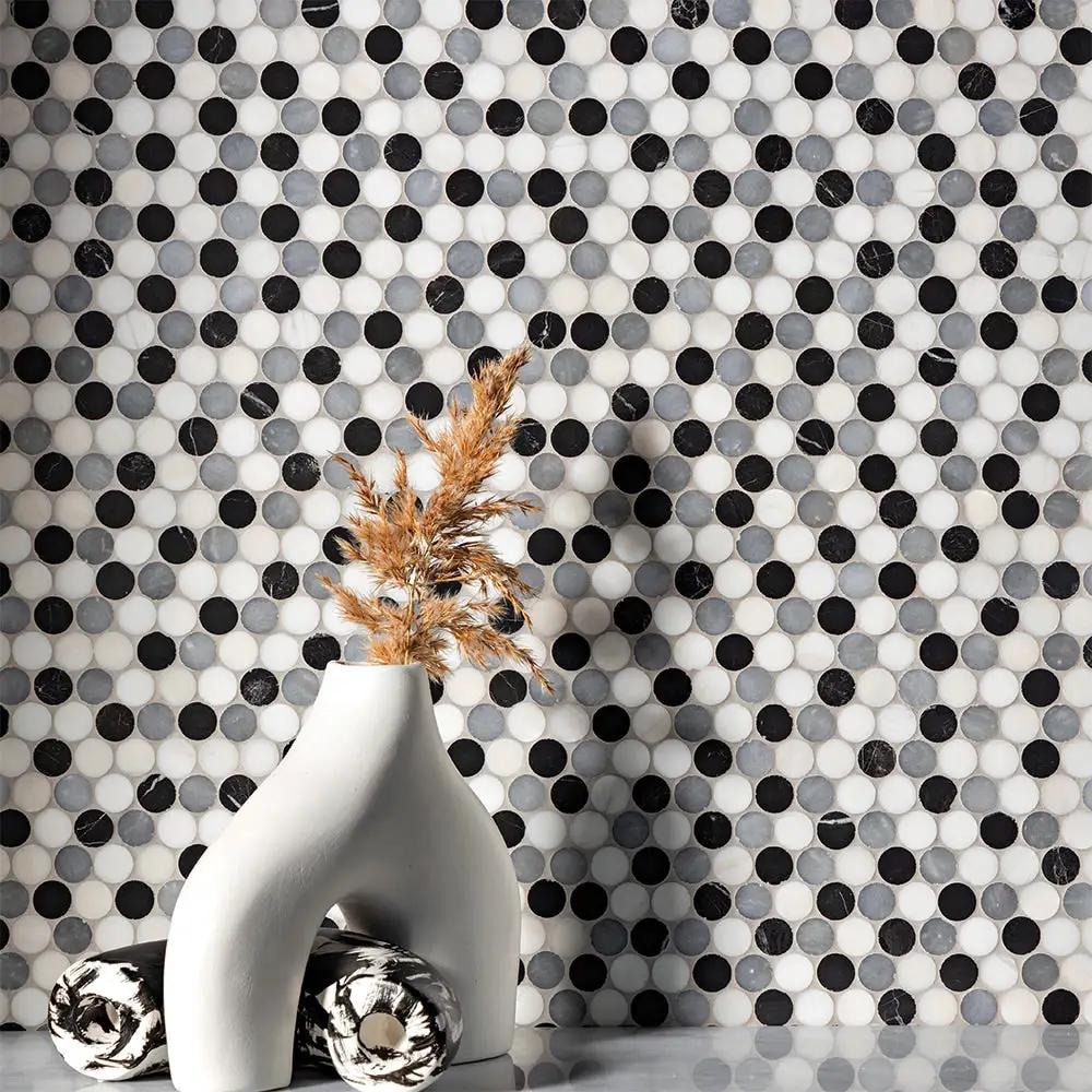 Bianco Dolomiti, Bardiglio Light, Black Honed Penny Round Marble Mosaics 11 1/4x11 3/4
