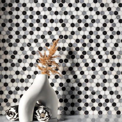 Bianco Dolomiti, Bardiglio Light, Black Honed Penny Round Marble Mosaics 11 1/4x11 3/4