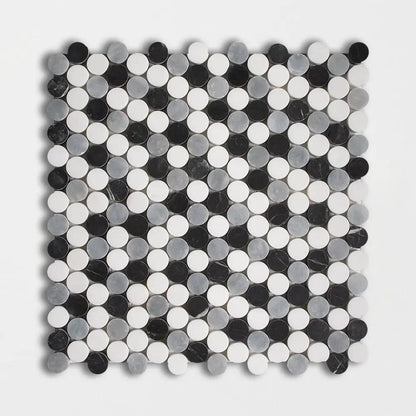 Bianco Dolomiti, Bardiglio Light, Black Honed Penny Round Marble Mosaics 11 1/4x11 3/4