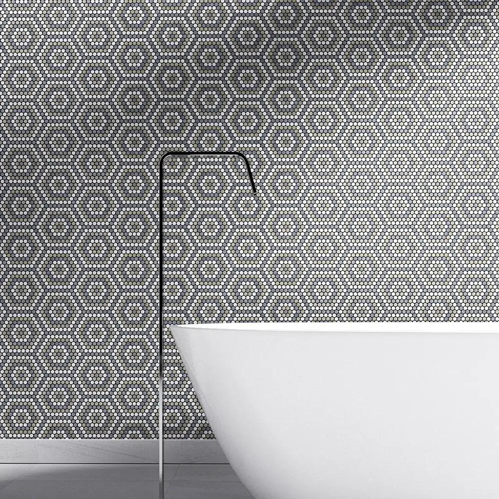 Bianco Dolomiti, Bardiglio Light, Thala Honed Penny Round 8 Marble Mosaics 9 1/4x9 29/64