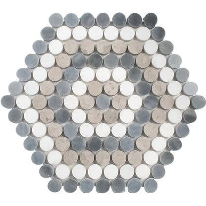 Bianco Dolomiti, Bardiglio Light, Thala Honed Penny Round 8 Marble Mosaics 9 1/4x9 29/64