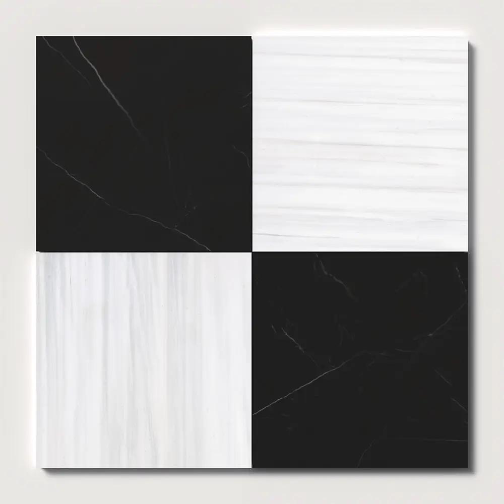 Bianco Dolomiti, Black Honed Checkerboard Pattern Marble Tiles 18x18
