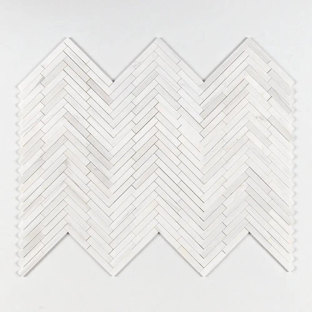 Bianco Dolomiti Honed Large Herringbone Marble Mosaics 12 7/8x9 11/32