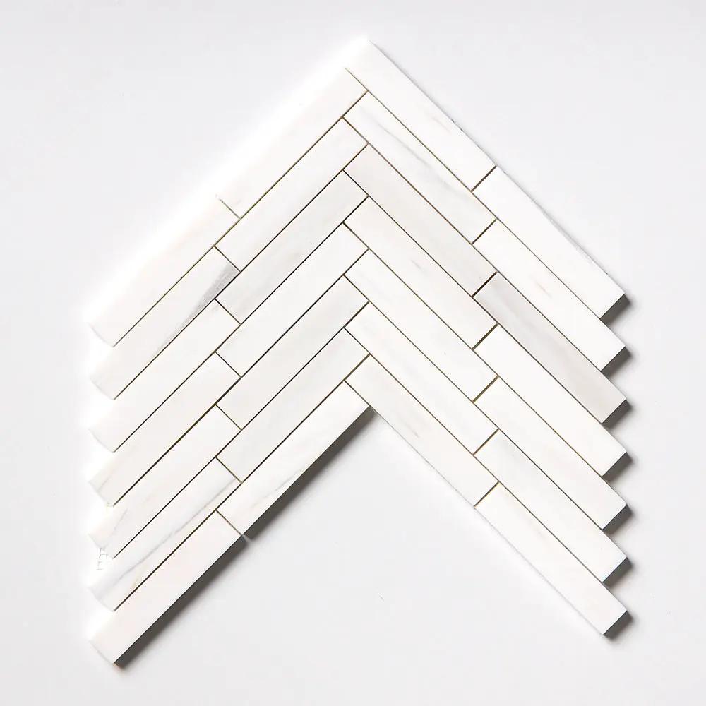 Bianco Dolomiti Honed Large Herringbone Marble Mosaics 12 7/8x9 11/32