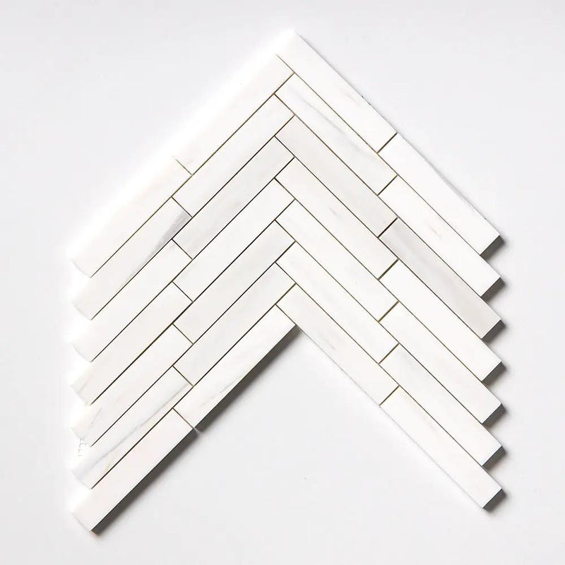 Bianco Dolomiti Honed Large Herringbone Marble Mosaics 12 7/8x9 11/32