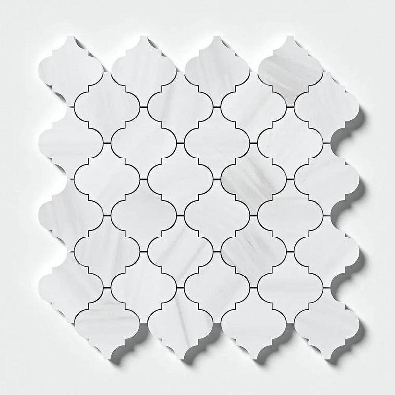 Bianco Dolomiti Honed Meshed Arabesque Marble Mosaics 10 3/8x12