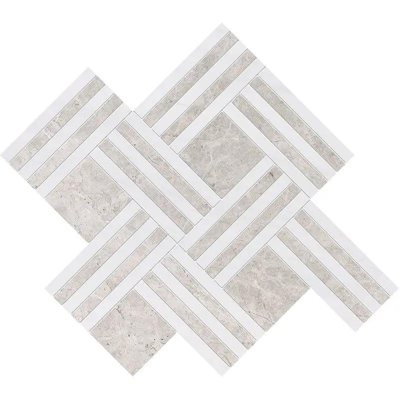 Bianco Dolomiti, Silver Mystique Multi Finish Maze Basket Marble Mosaics 14 15/16x17 11/16