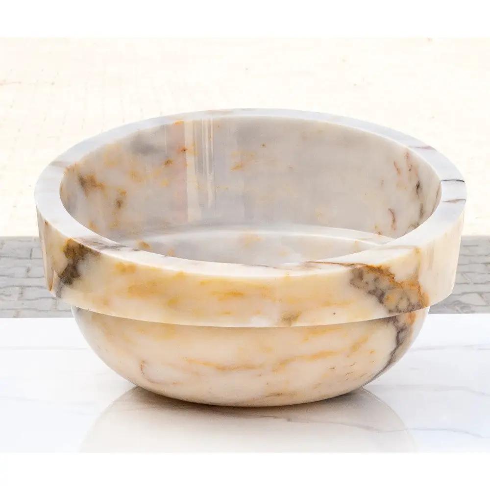 Handcrafted Giallo Marble Vessel Sink Beige 16 Inch Bathroom Bowl
