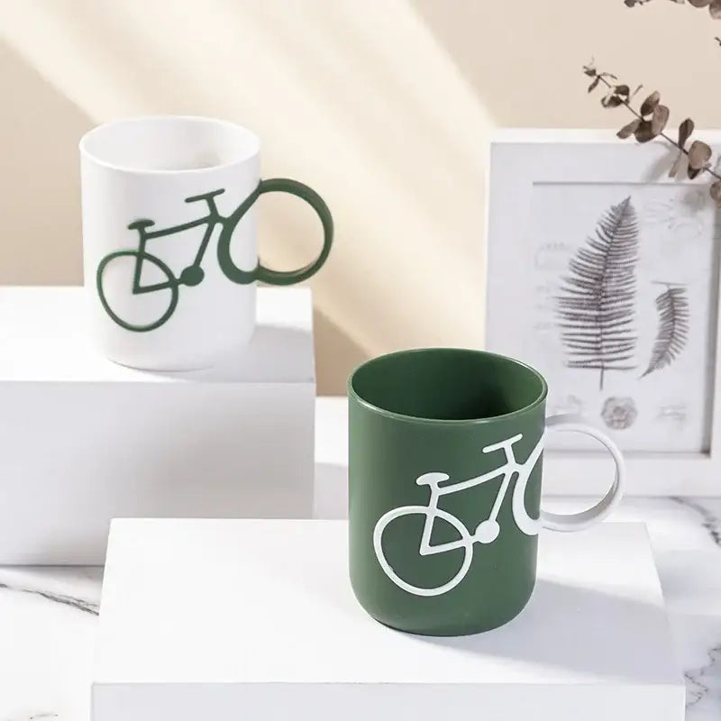 Bicycle green & white ceramic toothbrush holder cup bathroom mug