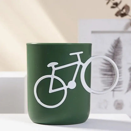Bicycle green & white ceramic toothbrush holder cup bathroom mug