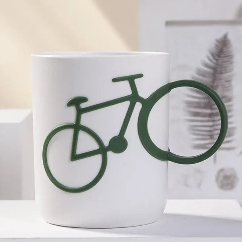 Bicycle green & white ceramic toothbrush holder cup bathroom mug