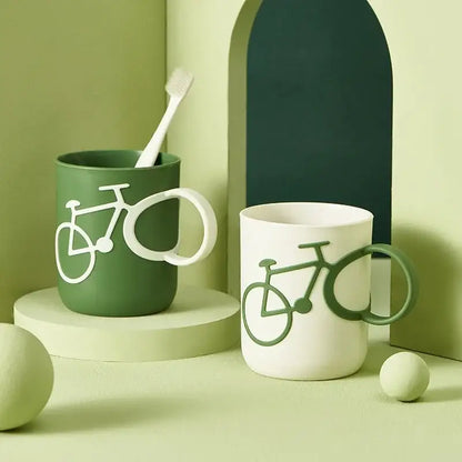Bicycle green & white ceramic toothbrush holder cup bathroom mug