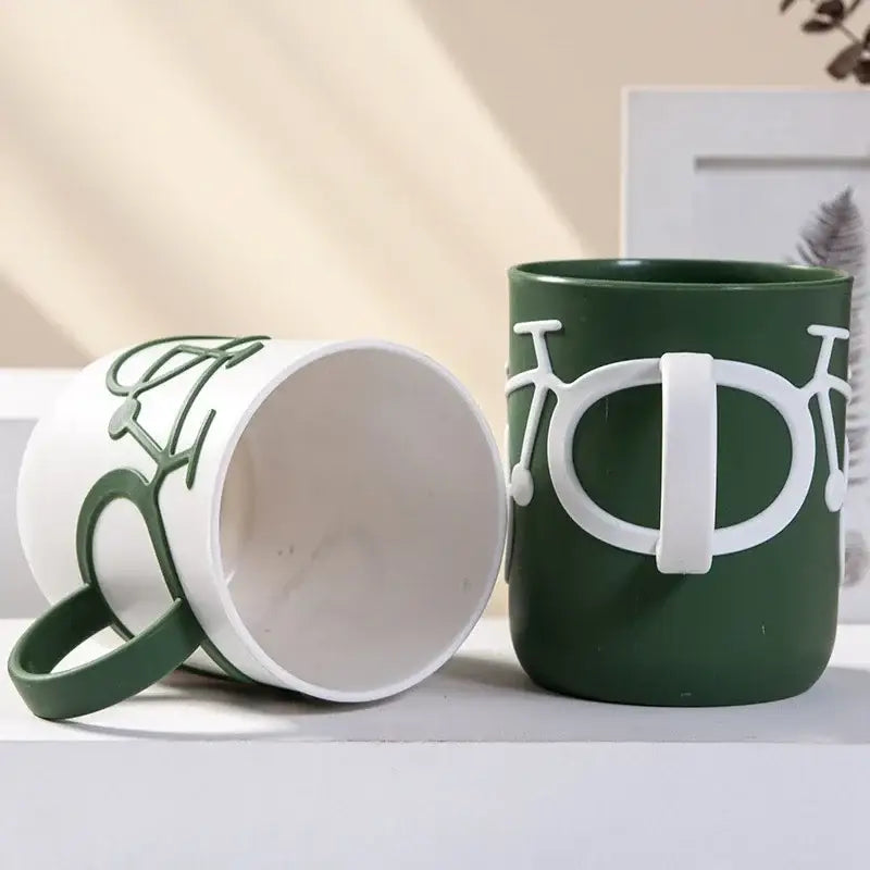 Bicycle green & white ceramic toothbrush holder cup bathroom mug