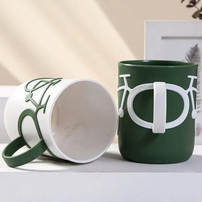 Bicycle green & white ceramic toothbrush holder cup bathroom mug