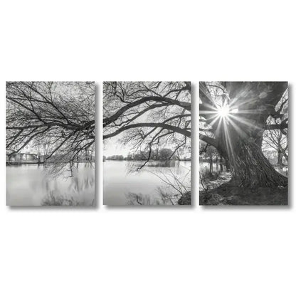 Modern black & white big tree lake sunset canvas – living room wall art