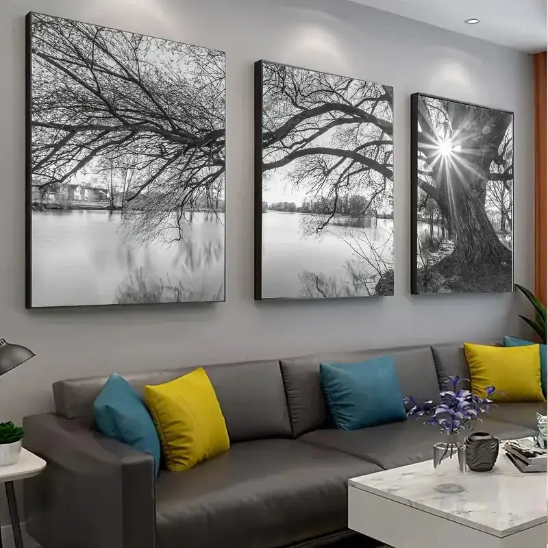 Modern black & white big tree lake sunset canvas – living room wall art