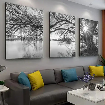 Modern black & white big tree lake sunset canvas – living room wall art