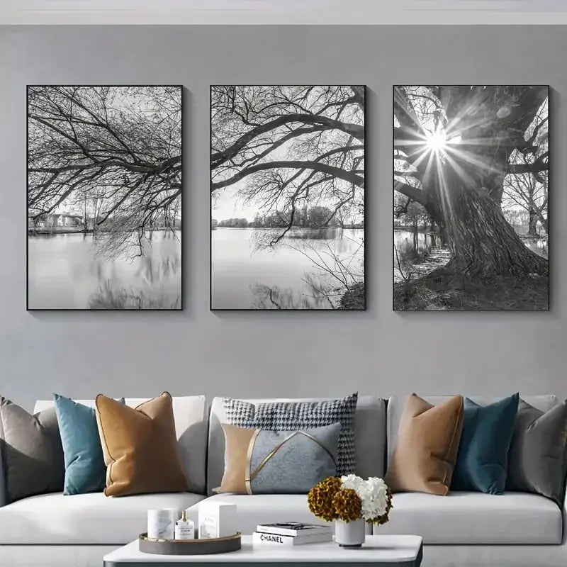 Modern black & white big tree lake sunset canvas – living room wall art