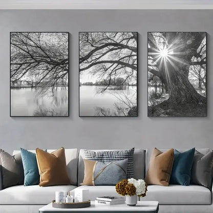 Modern black & white big tree lake sunset canvas – living room wall art