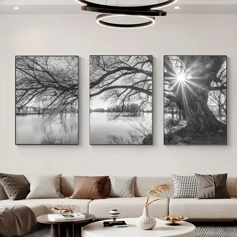 Modern black & white big tree lake sunset canvas – living room wall art