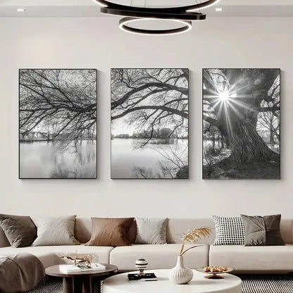 Modern black & white big tree lake sunset canvas – living room wall art