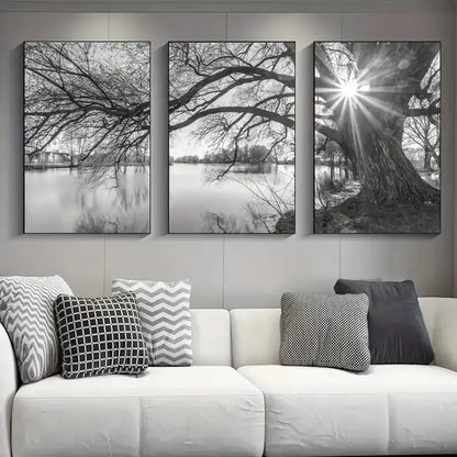 Modern black & white big tree lake sunset canvas – living room wall art