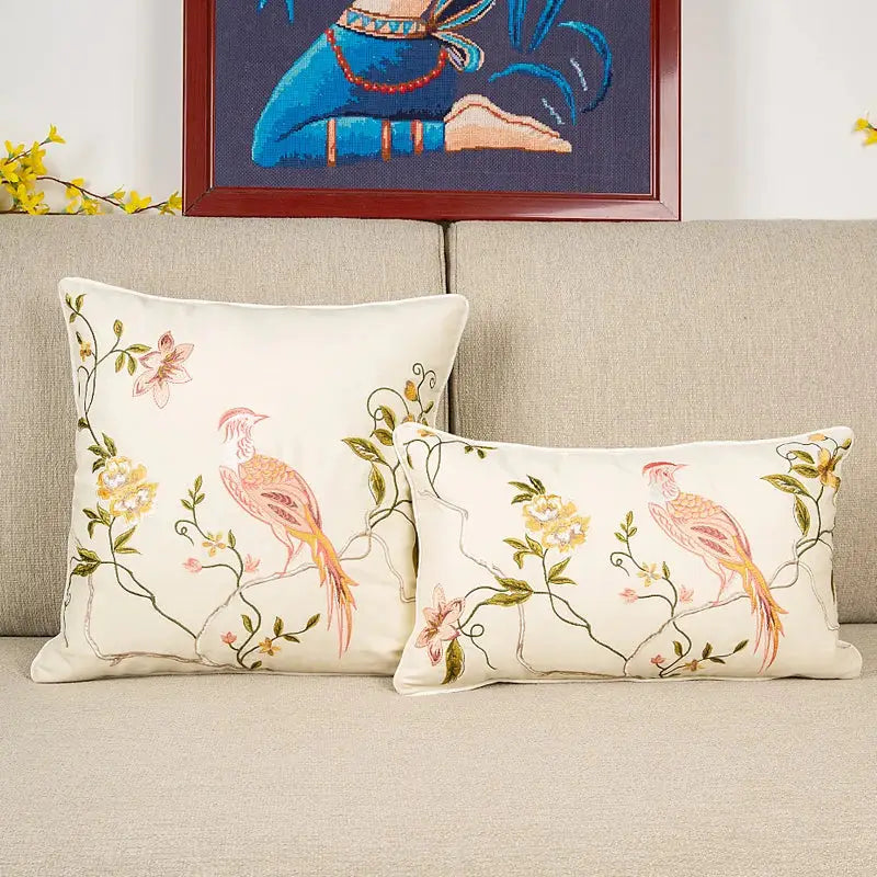 Bird embroidered cotton cushion cover living room floral pillow case