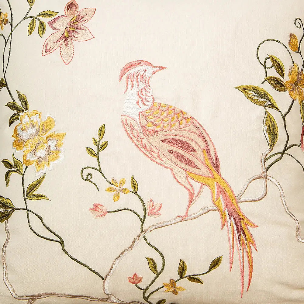 Bird embroidered cotton cushion cover living room floral pillow case