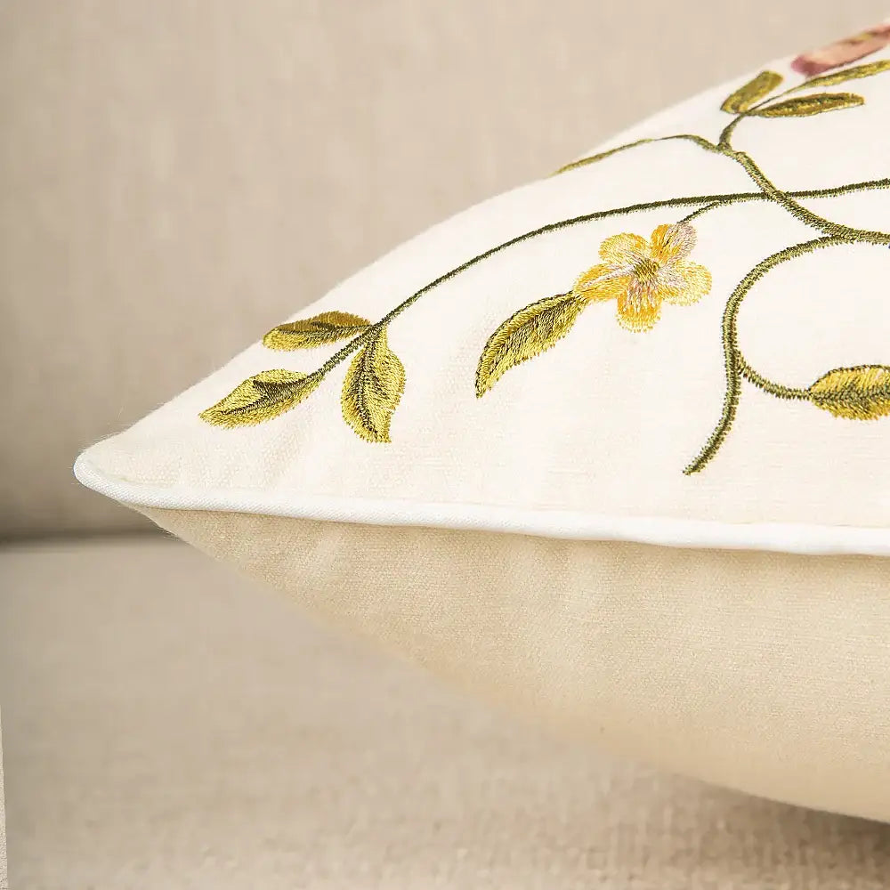 Bird embroidered cotton cushion cover living room floral pillow case