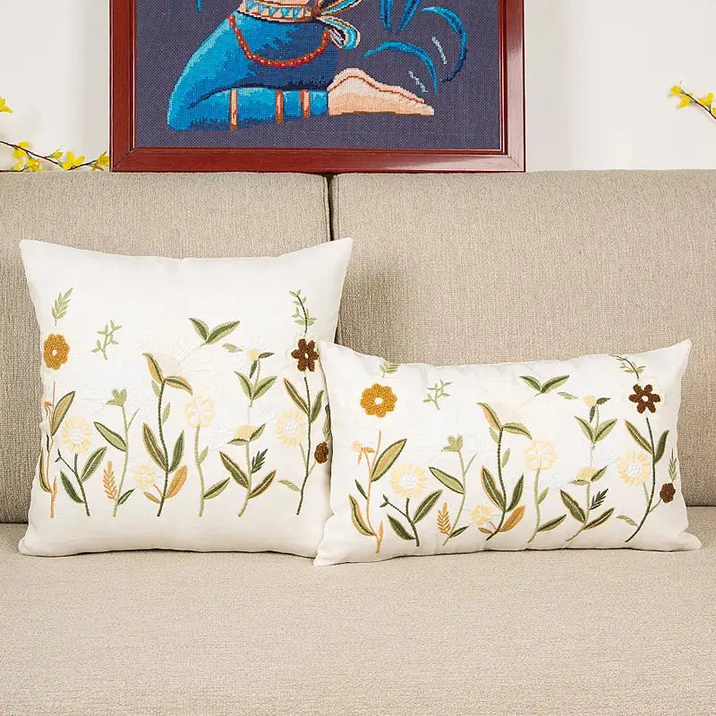 Bird embroidered cotton cushion cover living room floral pillow case