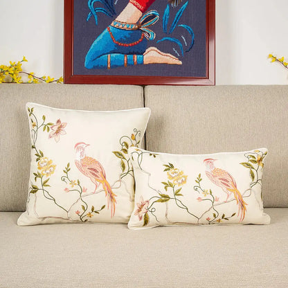 Bird embroidered cotton cushion cover living room floral pillow case