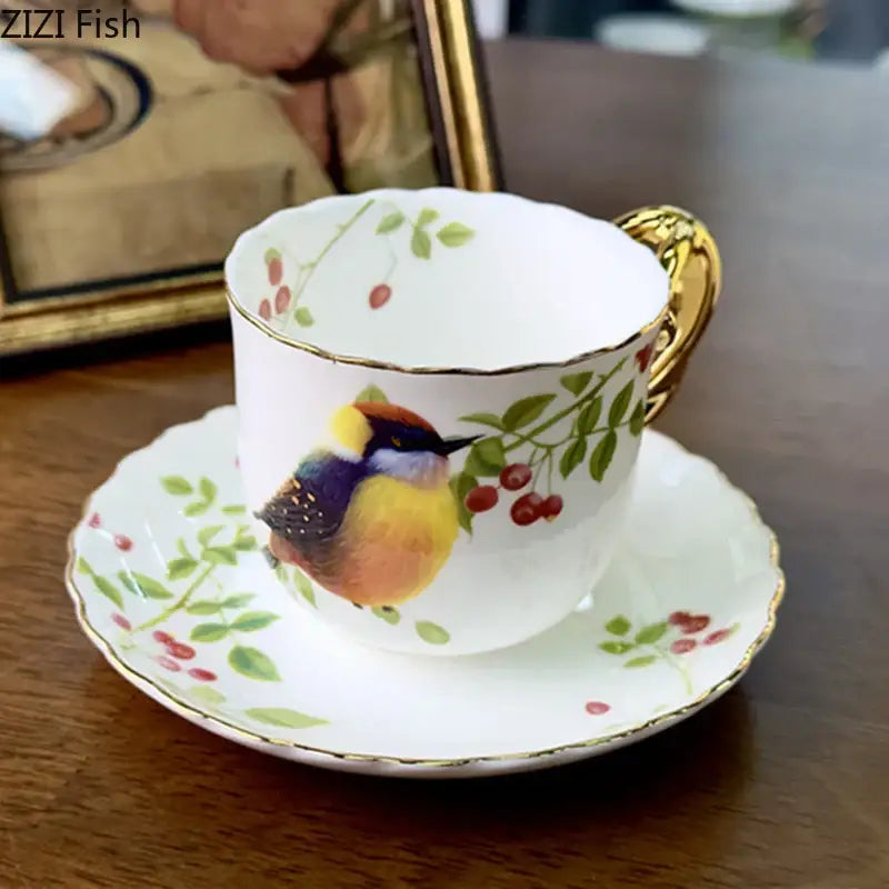 Bird pattern ceramic gold trimmed mug and saucer set dining room