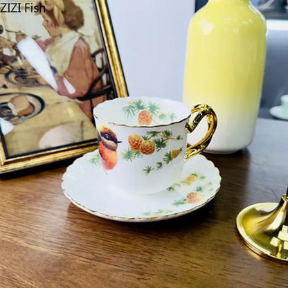 Bird pattern ceramic gold trimmed mug and saucer set dining room
