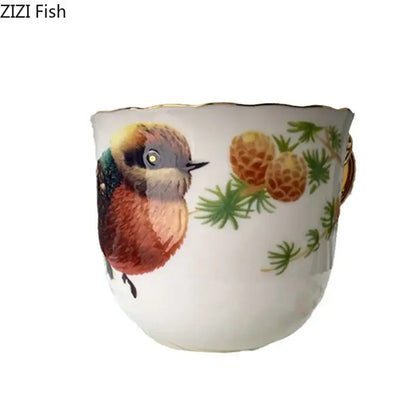 Bird pattern ceramic gold trimmed mug and saucer set dining room