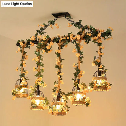 DecorBites™ Birdcage Industrial Hemp Rope Suspension Lamp - 3/5-Light Black Ceiling Lighting for Restaurant Island