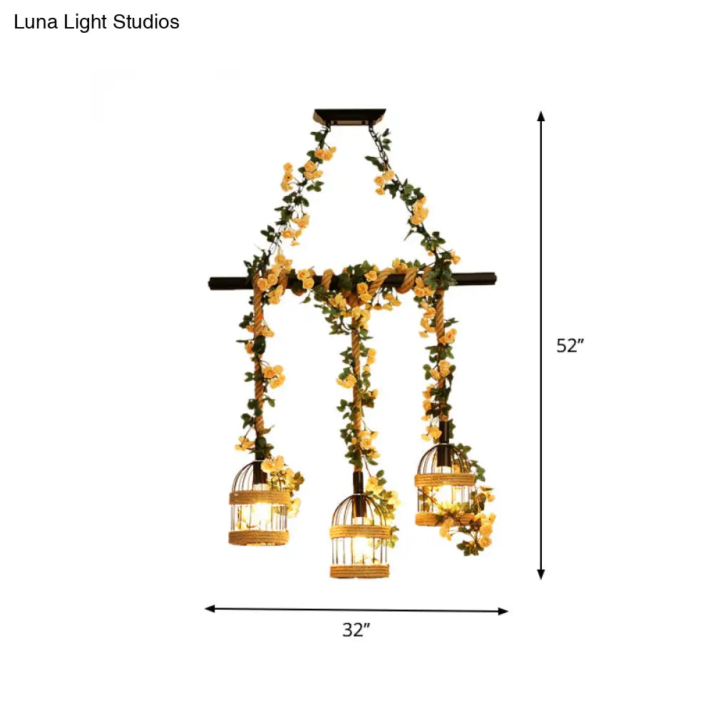 DecorBites™ Birdcage Industrial Hemp Rope Suspension Lamp - 3/5-Light Black Ceiling Lighting for Restaurant Island