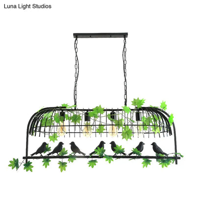 DecorBites™ Birdcage Industrial Iron Dining Room Island Light - Black/Bronze Hanging Pendant with Decorative Plant and Bird
