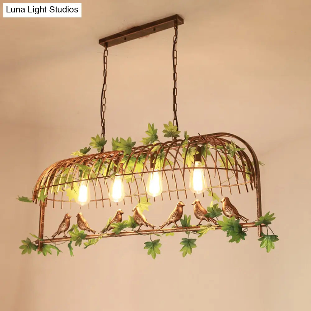 DecorBites™ Birdcage Industrial Iron Dining Room Island Light - Black/Bronze Hanging Pendant with Decorative Plant and Bird