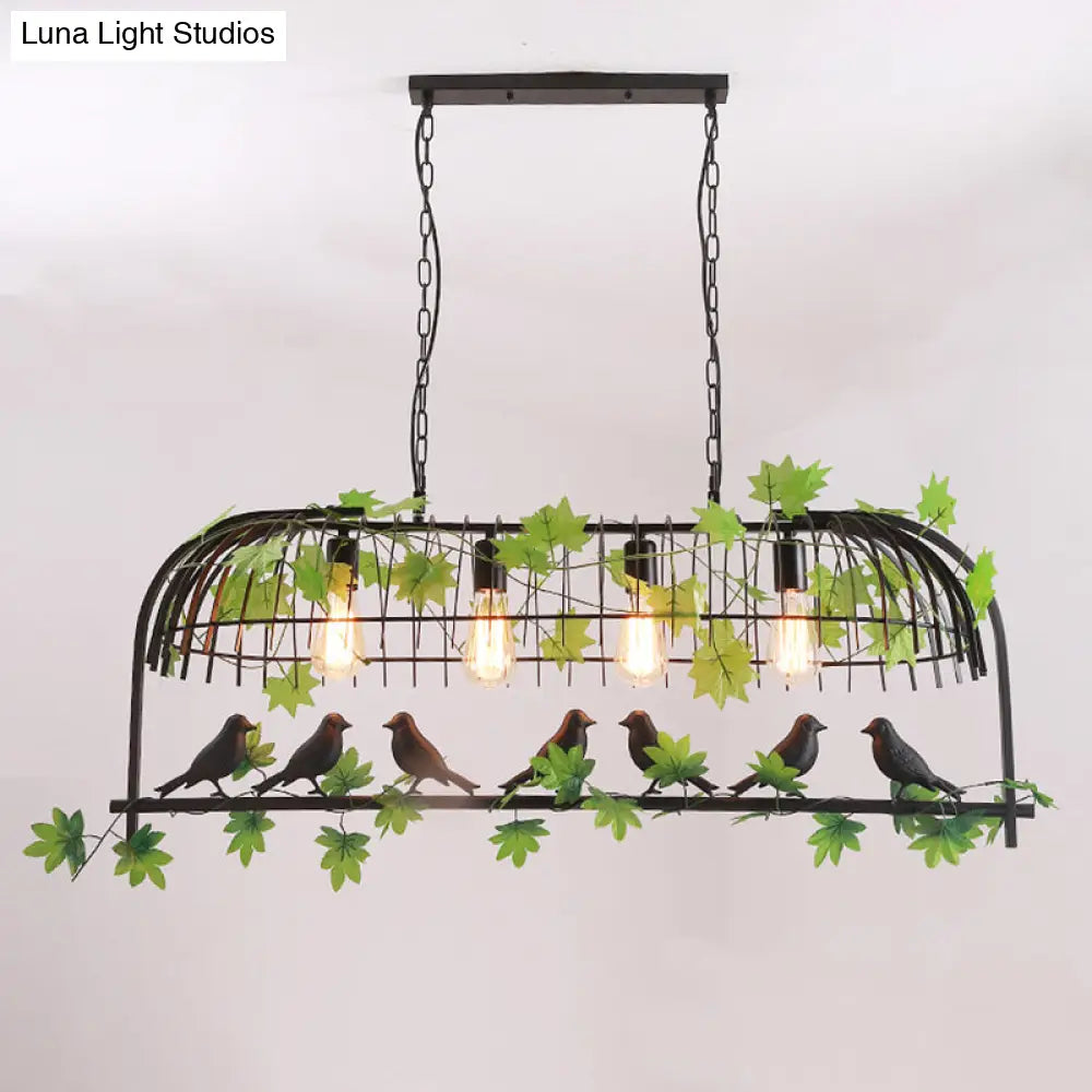 DecorBites™ Birdcage Industrial Iron Dining Room Island Light - Black/Bronze Hanging Pendant with Decorative Plant and Bird