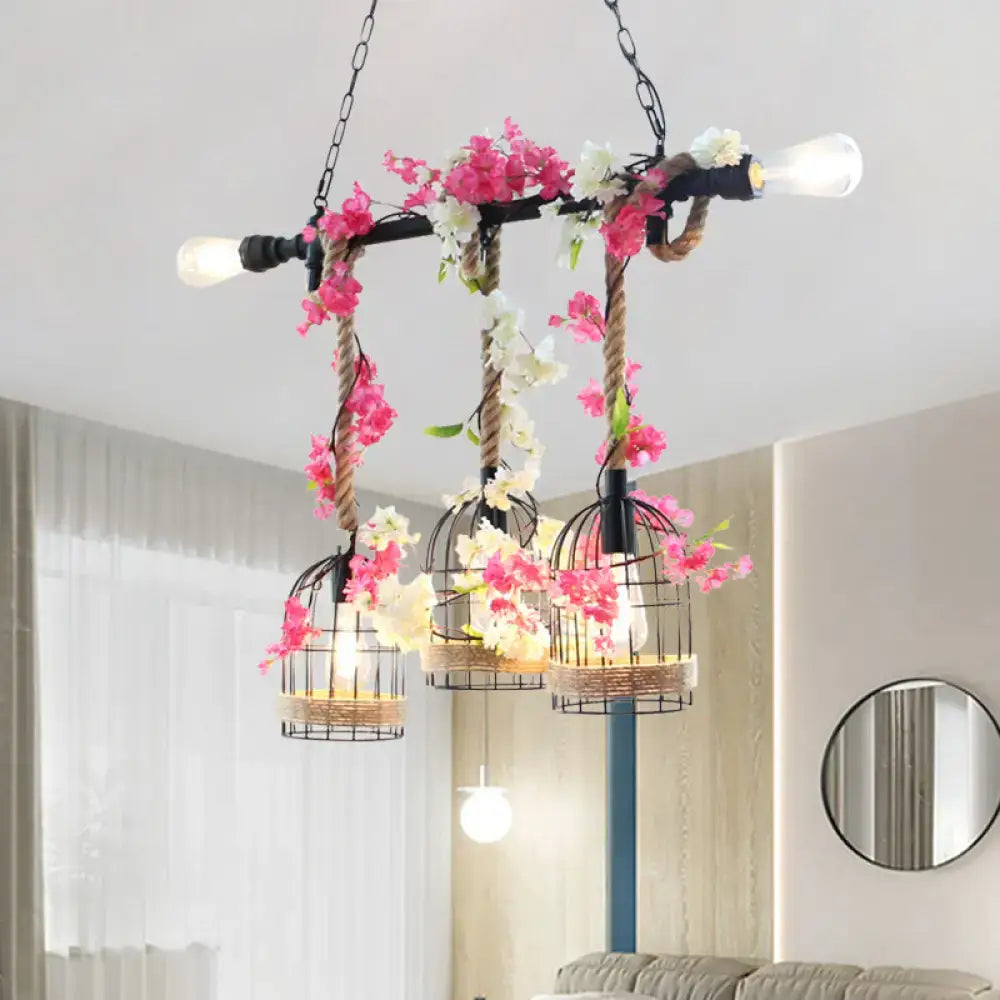Rustic birdcage rope light fixture with autumn leaves kitchen pendant